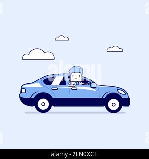 Businessman rides in the car. Cartoon character thin line style vector. Stock Vector