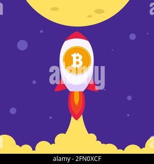 Bitcoin (BTC) rocket launcher, cryptocurrency concept. Bitcoin skyrocketed to the moon. Stock Vector
