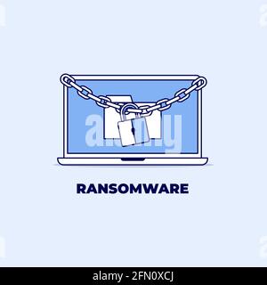 Laptop information locked with chain and padlock. Ransomware line icon design. Stock Vector