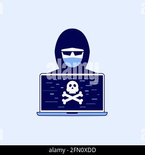 Hacker and skull screen on computer line icon design. Stock Vector