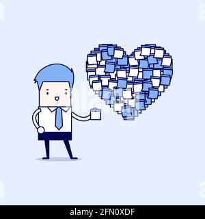 Businessman with Heart shape sticky notes. Cartoon character thin line style vector. Stock Vector