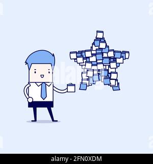 Businessman with star shape sticky notes. Cartoon character thin line style vector. Stock Vector