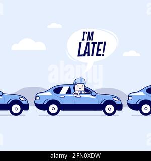 Businessman on the road with traffic jam, Late for work. Cartoon character thin line style vector. Stock Vector