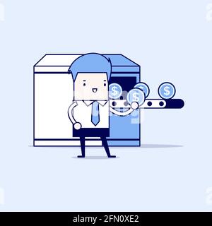 Businessman with money making machine. Cartoon character thin line style vector. Stock Vector