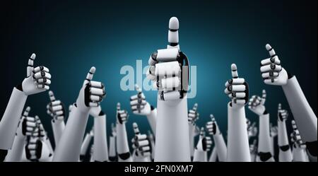 Robot humanoid hands up to celebrate goals success achieved by using AI artificial intelligence thinking and machine learning process for the 4th Stock Photo