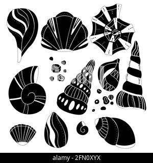 Set of black silhouettes of various seashells with boho pattern. Decorated sea clams and snails. Vector sea object for logos. Icons on the ocean theme Stock Vector