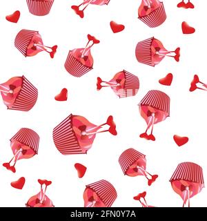 Seamless pattern with different cupcakes on a white background. Sweet pastries decorated with hearts, cherry, flower and star. Stock Vector