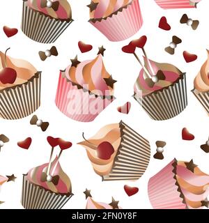 Seamless pattern with different cupcakes on a white background. Sweet pastries decorated with hearts, cherry, flower and star. Stock Vector