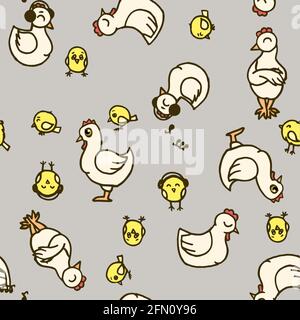 Chickens and chicks. Seamless illustration. Cartoon sketch style. Hand ...