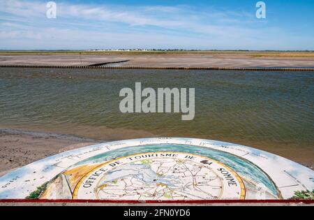 Orientation table, the estuary of the river Somme at low tide, Saint-Valery-sur-Somme, Bay of Somme, Somme (80), Hauts-de-France; France Stock Photo