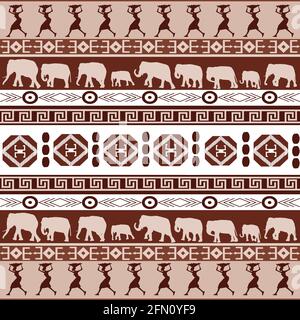 African pattern with silhouettes of african women and elephants Stock Vector