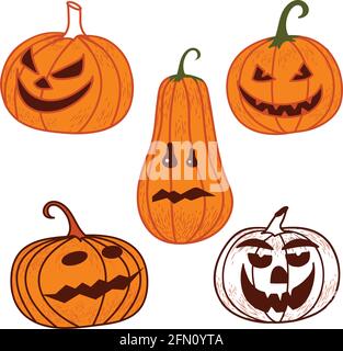 Collection of pumpkins for Halloween drawn in sketch style. Pumpkins with eyes. Vector illustration. Stock Vector
