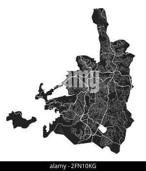 Jerusalem map. Detailed vector map of Jerusalem city administrative area. Cityscape poster metropolitan aria view. Black land with white streets, road Stock Vector