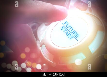 Finger about to press a car ignition button with the text 2021 start. Year two thousand and twenty one concept. Composite image between a hand photogr Stock Photo