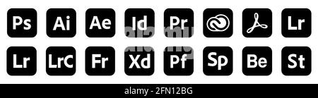 VINNYTSIA, UKRAINE - MAY 11 2021: Set of popular Adobe icons products. Illustrator, photoshop, creative cloud, after effects, lightroom and etc. Edito Stock Vector