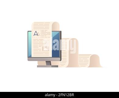 Computer monitor with long paper list online education concept vector illustration on white background Stock Vector