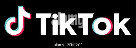 Vinnytsia, Ukraine - May 5, 2021: TikTok logotype and text. Popular social network on the internet. Editorial illustration on black background. EPS 10 Stock Vector