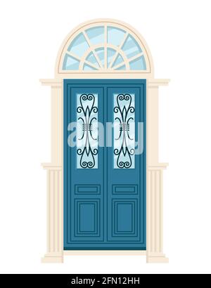 Blue wooden retro door with glass vector illustration on white background Stock Vector