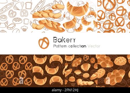 Pattern with seamless patterns collection of bakery products salty and sweet vector illustration on white background Stock Vector
