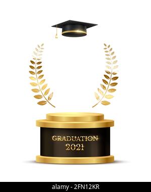 2021 graduation ceremony banner. Award concept with academic hat, golden podium and laurel wreath under shining glitter on dark background Stock Vector