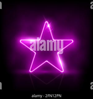 Glowing neon purple star with sparkles in fog abstract background. Electric light frame. Geometric fashion design vector illustration. Empty minimal a Stock Vector