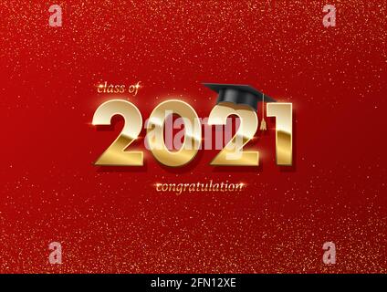 2021 graduation ceremony banner. Award concept with academic hat, golden numbers and text on red background with gold glitter Stock Vector
