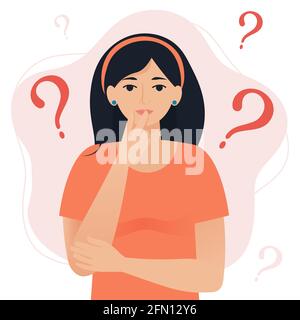 Thinking woman with question marks. Flat cartoon style vector illustration Stock Vector