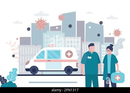 Medical workers in uniform. Ambulance van on city road. Doctors stop spread of virus and disease. Health care concept. Global epidemic or pandemic, ur Stock Vector