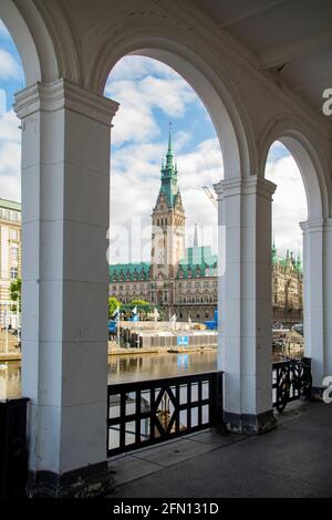 Hamburg City Hall is the seat of local government of the Free and Hanseatic City of Hamburg view from the Alsterarkaden. Stock Photo