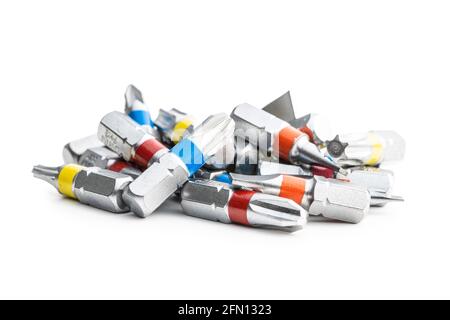 Set of screwdriver bits. Various types of screwdriver  heads isolated on white background. Stock Photo