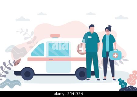 Man and woman doctors near ambulance van. Medical services concept. Emergency, medical transport and staff in professional uniform. First aid, charact Stock Vector