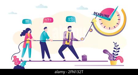 Business people stop time using rope. Big watch, deadline concept. Employees fail and don’t finish project. Teamwork, business problems. Time manageme Stock Vector
