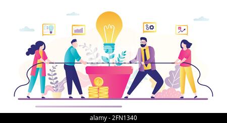 Business competition concept banner. Two groups of business people pull rope. Team building, brainstorming, business persons working together. Teamwor Stock Vector