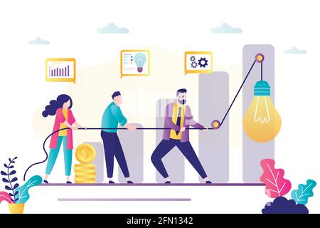 Business team use rope raise idea bulb. Innovation, creativity in business. Office people working together, teamwork and brainstorming.Group of employ Stock Vector