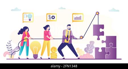 Business team with rope raise part of puzzle. Innovation, creativity in business. Office people working together. Teamwork and brainstorming. Group of Stock Vector