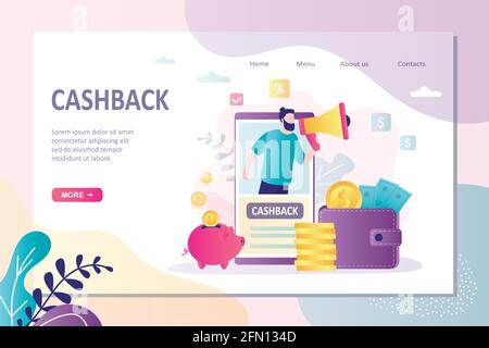 Сashback landing page template. Reward, loyalty program. Smartphone, bank clerk with loud speaker, internet marketing technology. Piggy bank, wallet w Stock Vector