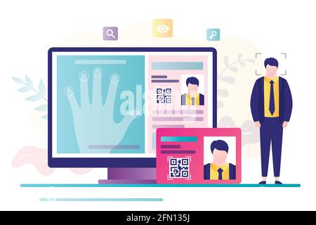 Сoncept of access control, fingerprint scanner. Online passport and biometric identifier. Personal data and fingerprints on computer screen. Protectio Stock Vector