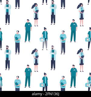 Seamless pattern with group of various medical staff. Doctors,nurse and surgeon. Male and female characters in trendy style. Medicine texture backgrou Stock Vector