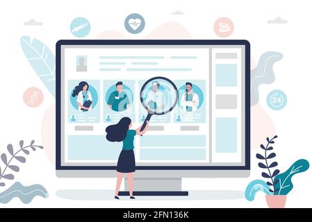Female patient chooses doctor. Doctors team, medical staff portraits. Online service,  searching therapist via internet. Healthcare, medical insurance Stock Vector