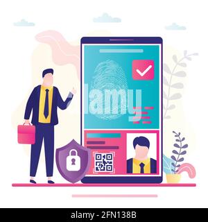Fingerprint identification. Big mobile phone, businessman puts finger to screen. Smartphone application for security control. User profile with data. Stock Vector