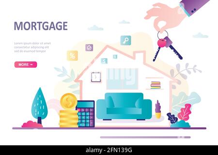 Mortgage landing page template. Investments in real estate. House silhouette with furniture, loan and finance management. Big hand with keys. Stack of Stock Vector
