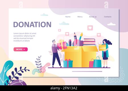 Young volunteers packing donation box. Concept of social assistance, charity, care for homeless and support. Landing page template, homepage. Donation Stock Vector