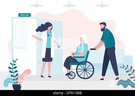 Volunteer or son brought grandmother on wheelchair to doctor appointment. Concept of medical service and geriatric care. Sick elderly person. Hospital Stock Vector