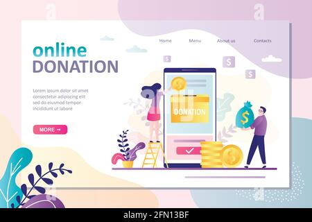 Cartoon characters donate money by online payments. Charity fundraising and support for those in need. Landing page template on donation theme. Girl p Stock Vector
