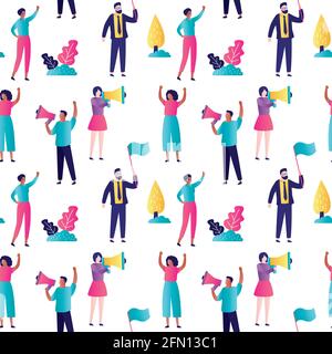 Seamless pattern with protest against Racism. Multicultural people with placards and loudspeaker on protest or rally. Human rights demonstration. Blac Stock Vector