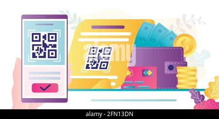 QR Code scanning concept. Hand holding smartphone and scan code. Mobile technology for internet payment. Suitable for web landing page, ui, mobile app Stock Vector