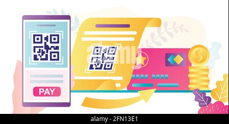 QR Code scanning concept. Hand holding smartphone and scan code. Contactless payments. Mobile technology for internet payment. Suitable for web landin Stock Vector