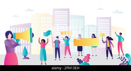 Group of multinational women on demonstration for International Women's Day. Activists with placards on rally. Struggle for women's rights. Concept of Stock Vector