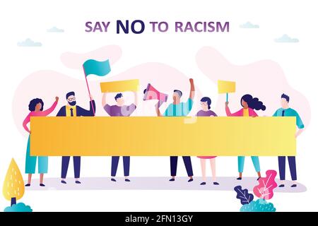 Group of protesting people. Say no to racism - slogan. Protesters on demonstration. Various persons with big placard. Empty board for text,template. H Stock Vector