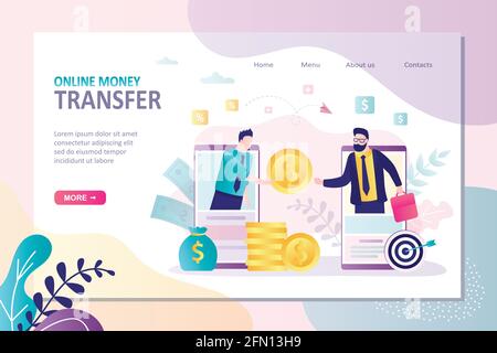 Businessmen use online money transfer.Concept sending and receiving money over mobile phones. Finance and business landing page template.Internet bank Stock Vector
